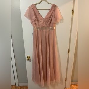 Pale pink double v-neck lined floor length gown